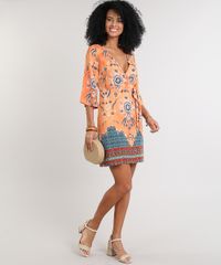 Vestido-Feminino-Estampado-Etnico-Transpassado-Manga-Curta-Decote-V-Laranja-9538443-Laranja_3