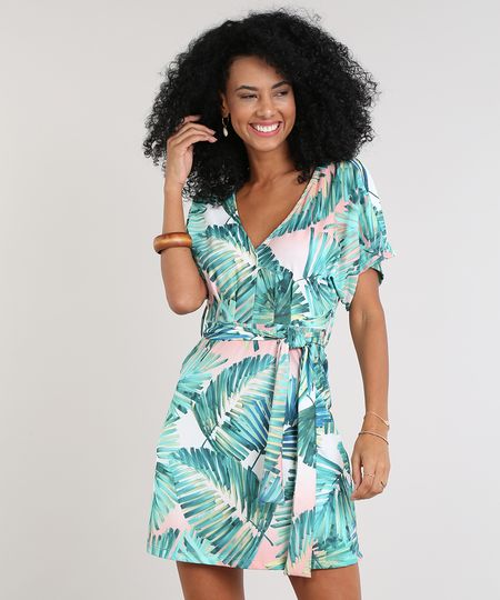 Vestido-Feminino-Estampado-de-Folhagens-Manga-Curta-Decote-V-Verde-9616068-Verde_1