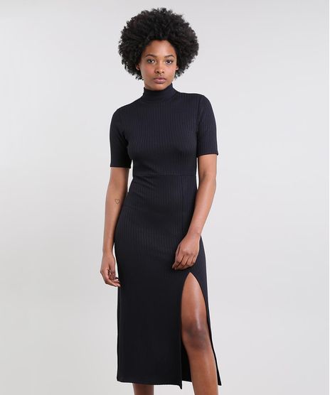 Vestido-Feminino-Mindset-Midi-Canelado-com-Fenda-Manga-Curta-Gola-Alta-Preto-9683309-Preto_1