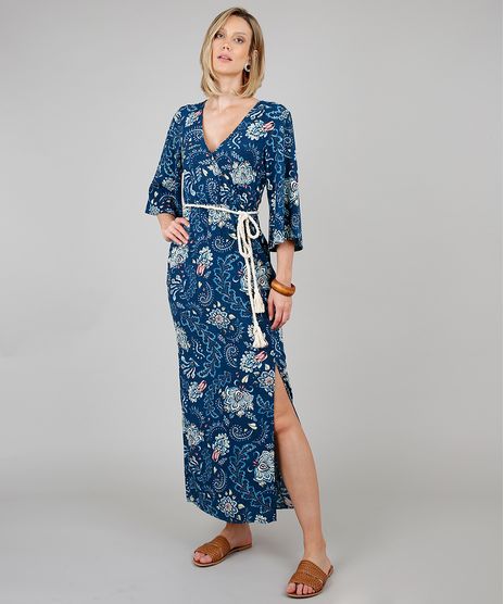 Vestido-Feminino-Longo-Estampado-Floral-com-Cinto-Manga-3-4-Azul-Marinho-9538441-Azul_Marinho_1