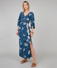 Vestido-Feminino-Longo-Estampado-Floral-com-Cinto-Manga-3-4-Azul-Marinho-9538441-Azul_Marinho_3