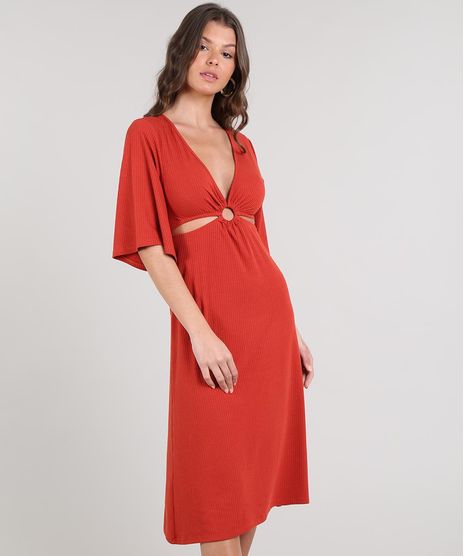Vestido-Feminino-Midi-Canelado-Com-Vazado-Manga-Curta-Laranja-9588311-Laranja_1