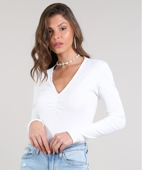 Blusa Feminina Canelada Manga Longa Decote V Off White Cea