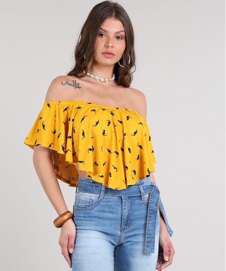 Blusa-Feminina-Ciganinha-Cropped-Estampada-de-Tucano-Manga-Curta-Mostarda-9632585-Mostarda_1