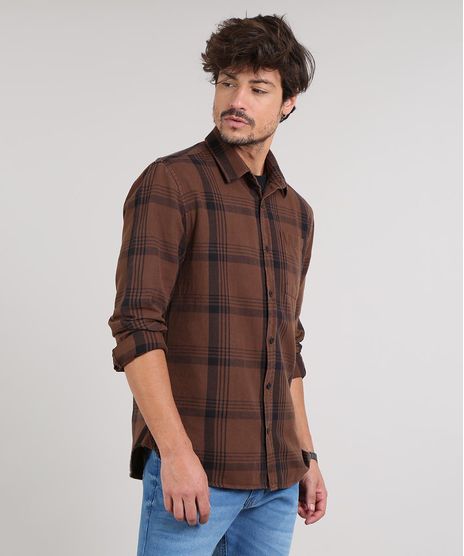 Camisa-Masculina-Estampada-Xadrez-Manga-Longa--Marrom-Escuro-9531924-Marrom_Escuro_1