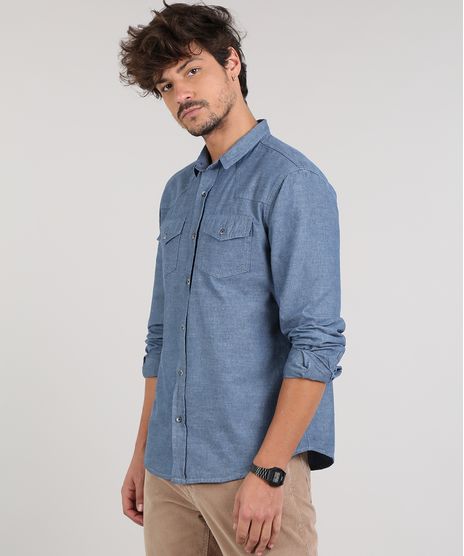 Camisa-Jeans-Masculina-Com-Bolsos-Manga-Longa--Azul-Medio-9527327-Azul_Medio_1
