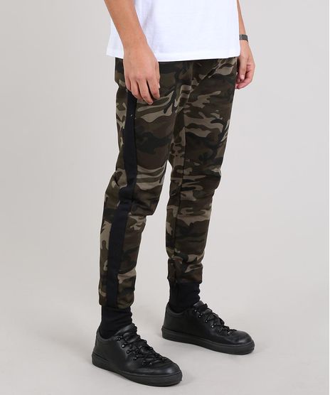 Calca-Masculina-Relaxed-Camuflada-em-Moletom-com-Faixa-Lateral-Verde-Militar-9610251-Verde_Militar_1