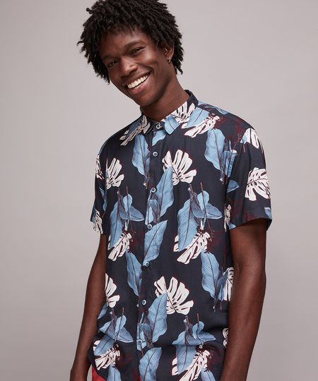 Camisa-Masculina-Estampada-de-Folhagem-Manga-Curta-Azul-Marinho-9593483-Azul_Marinho_1