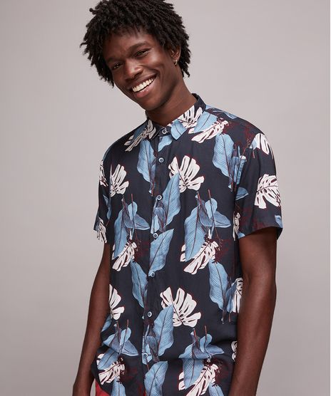 Camisa-Masculina-Estampada-de-Folhagem-Manga-Curta-Azul-Marinho-9593483-Azul_Marinho_1