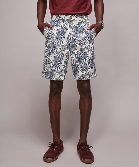 Bermuda-de-Sarja-Masculina-Reta-Estampada-de-Folhagens-com-Bolsos-Off-White-9595435-Off_White_1