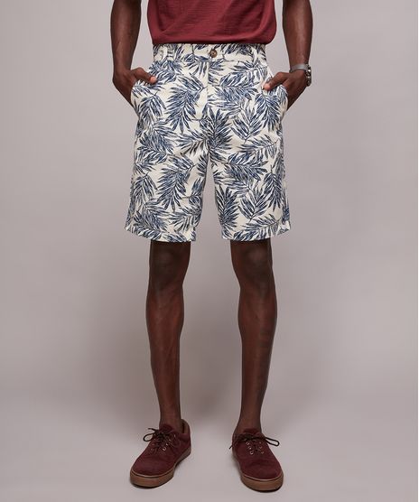 Bermuda-de-Sarja-Masculina-Reta-Estampada-de-Folhagens-com-Bolsos-Off-White-9595435-Off_White_1