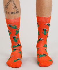 Meia-Masculina-Cano-Alto-Divertida-de-Cactos-Laranja-9309992-Laranja_3