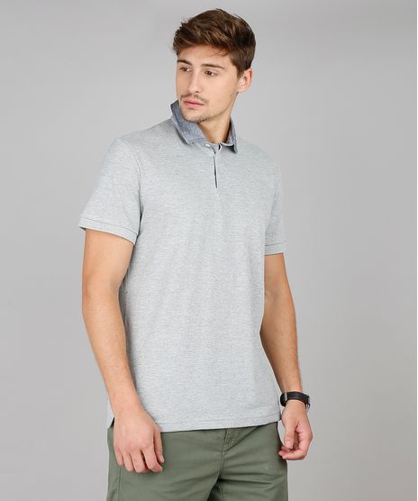 Polo-Masculina-Comfort-Fit-em-Piquet-Manga-Curta-Cinza-Mescla-9603195-Cinza_Mescla_1