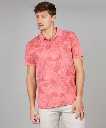 Polo-Masculina-Comfort-Estampada-de-Folhagem-com-Bolso-Manga-Curta-Coral-9595990-Coral_1