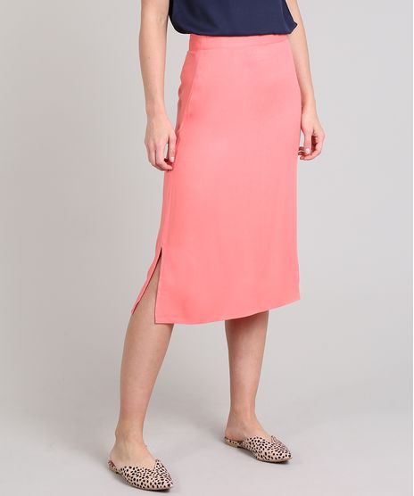 Saia-Feminina-Midi-Estampada-de-Folhagem-com-Fenda-Coral-9540271-Coral_1