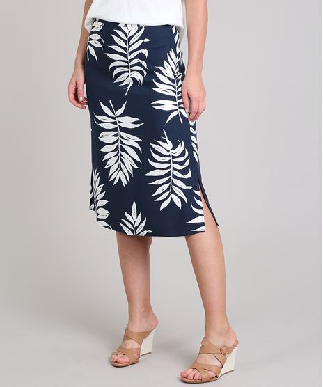 Saia-Feminina-Midi-Estampada-de-Folhagem-com-Fenda-Azul-Marinho-9540269-Azul_Marinho_1