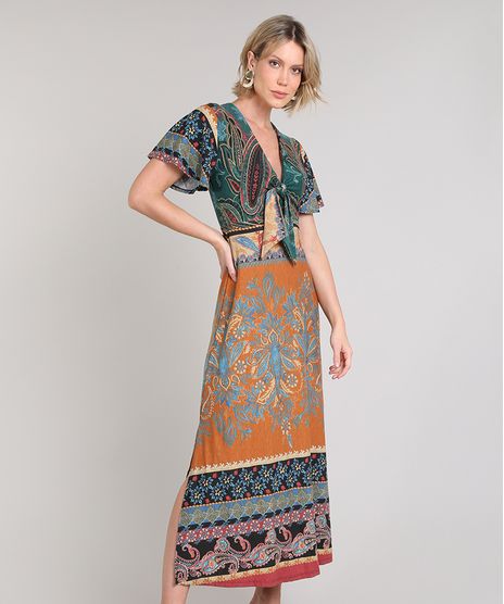 Vestido-Feminino-Midi-Estampado-Paisley-com-No-Manga-Curta-Caramelo-9610360-Caramelo_1