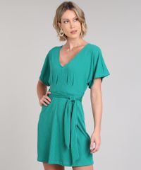 Vestido-Feminino-Curto-Evase-Canelado-com-Faixa-para-Amarrar-Manga-Curta-Verde-9616065-Verde_1