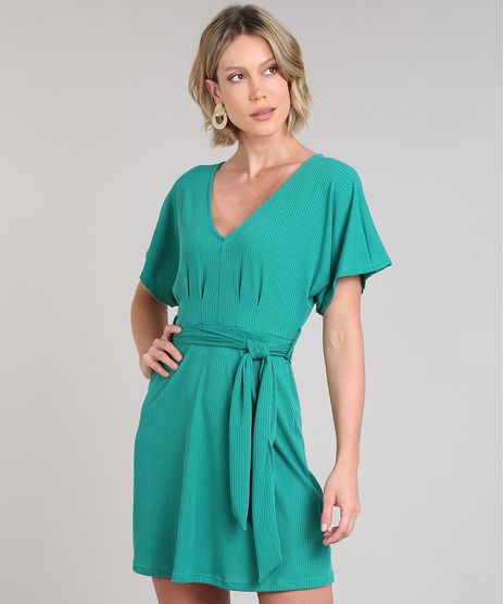 Vestido-Feminino-Curto-Evase-Canelado-com-Faixa-para-Amarrar-Manga-Curta-Verde-9616065-Verde_1