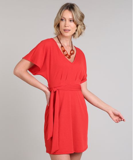 Vestido-Feminino-Curto-Evase-Canelado-com-Faixa-para-Amarrar-Manga-Curta-Vermelho-9616065-Vermelho_1