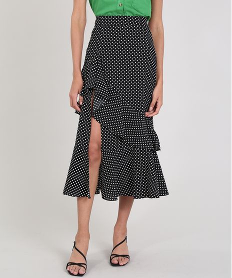 Saia-Feminina-Mindset-Midi-Estampada-de-Poa-com-Babado-Preta-9696349-Preto_1