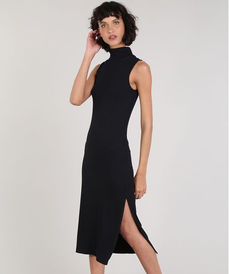 Vestido-Feminino-Mindset-Midi-Canelado-com-Fenda-Sem-Manga-Gola-Alta-Preto-9696348-Preto_1
