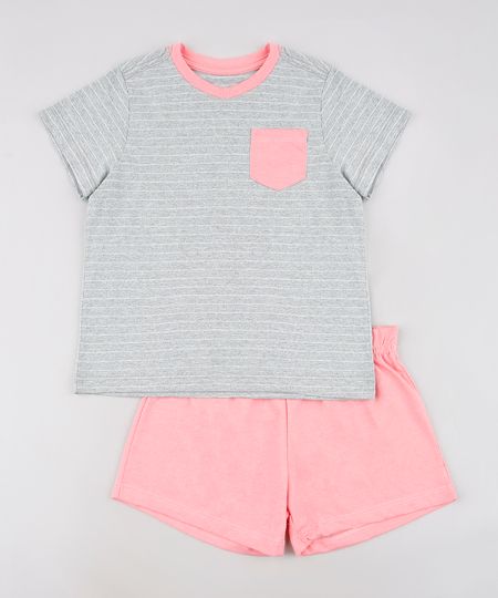 Pijama-Infantil-Tal-Pai-Tal-Filha-Listrado-com-Bolso-Manga-Curta-Cinza-Mescla-9634400-Cinza_Mescla_1