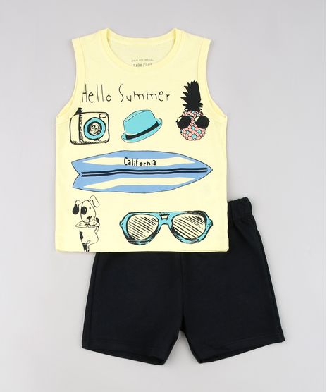 Conjunto-Infantil-de-Regata--Hello-Summer--Amarela---Bermuda-em-Moletom-Preto-9629763-Preto_1