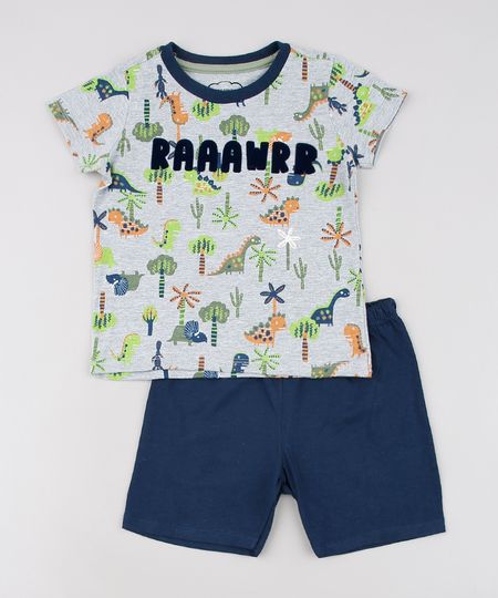 Pijama-Infantil-Estampado-de-Dinossauro-Manga-Curta-Cinza-Mescla-9629799-Cinza_Mescla_1