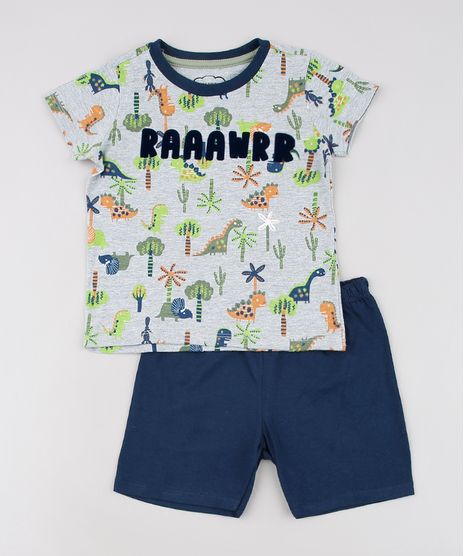 Pijama-Infantil-Estampado-de-Dinossauro-Manga-Curta-Cinza-Mescla-9629799-Cinza_Mescla_1
