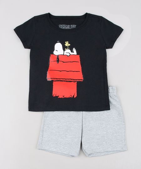 Conjunto-Infantil-Snoopy-de-Camiseta-Manga-Curta-Preta---Bermuda-em-Moletom-Cinza-Mescla-9629765-Cinza_Mescla_1