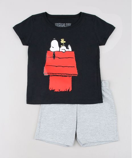 Conjunto-Infantil-Snoopy-de-Camiseta-Manga-Curta-Preta---Bermuda-em-Moletom-Cinza-Mescla-9629765-Cinza_Mescla_1