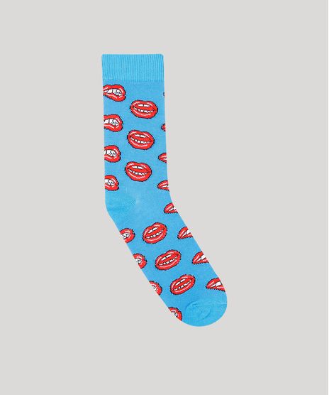 Meia-Masculina-Cano-Alto-Divertida-Estampada-de-Labios-Azul-9559320-Azul_1