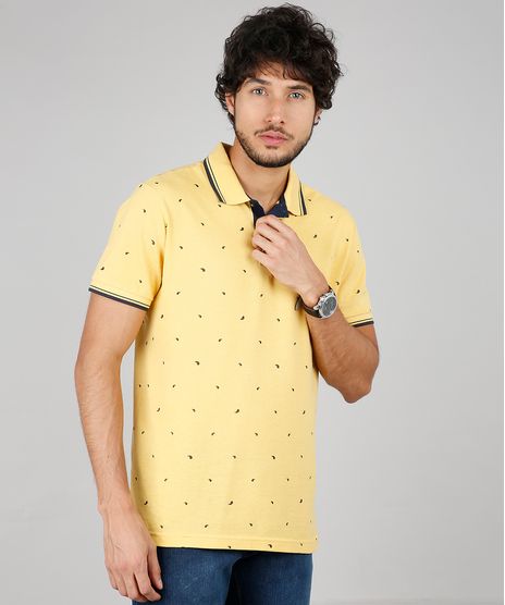 Polo-Masculina-Comfort-Estampada-Mini-Print-em-Piquet-Manga-Curta-Amarela-9602988-Amarelo_1