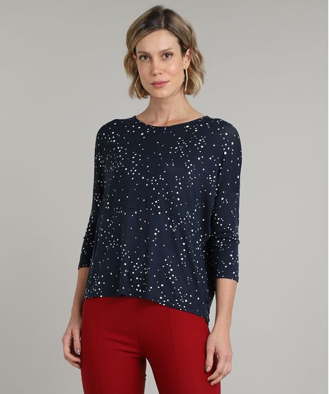 Blusa-Feminina-Ampla-Estampada-de-Poa-Manga-7-8-Decote-Redondo-Azul-Marinho-9628858-Azul_Marinho_1