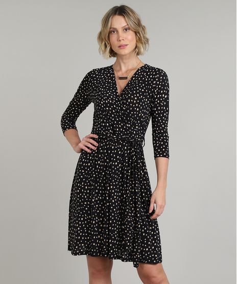 Vestido-Feminino-Midi-Estampado-de-Poa-Manga-7-8-Preto-9610583-Preto_1