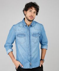 Camisa-Jeans-Masculina-Comfort-Fit-com-Bolsos-Manga-Longa--Azul-Medio-9600046-Azul_Medio_1