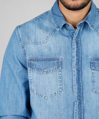 Camisa-Jeans-Masculina-Comfort-Fit-com-Bolsos-Manga-Longa--Azul-Medio-9600046-Azul_Medio_4