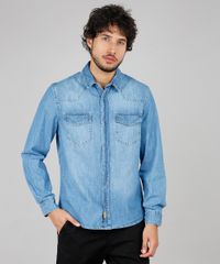 Camisa-Jeans-Masculina-Comfort-Fit-com-Bolsos-Manga-Longa--Azul-Medio-9600046-Azul_Medio_5