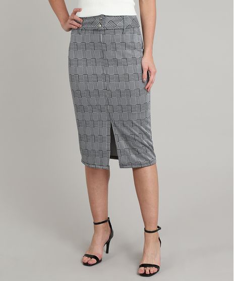 Saia-de-Sarja-Feminina-Lapis-Estampada-Xadrez-com-Fenda-e-Cinto-Preta-9667341-Preto_1