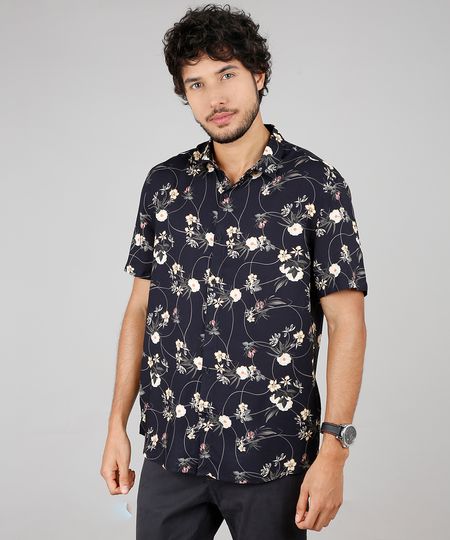 Camisa-Masculina-Estampada-Floral-Manga-Curta--Preto-9593480-Preto_1