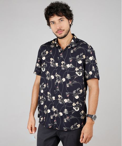 Camisa-Masculina-Estampada-Floral-Manga-Curta--Preto-9593480-Preto_1