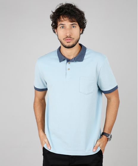 Polo-Masculina-em-Piquet-com-Bolso-Manga-Curta-Azul-Claro-9595995-Azul_Claro_1