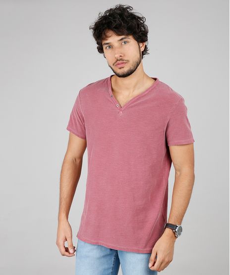 Camiseta-Masculina-Slim-Fit-com-Botoes-Manga-Curta-Gola-V-Vinho-9592918-Vinho_1