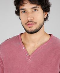 Camiseta-Masculina-Slim-Fit-com-Botoes-Manga-Curta-Gola-V-Vinho-9592918-Vinho_4