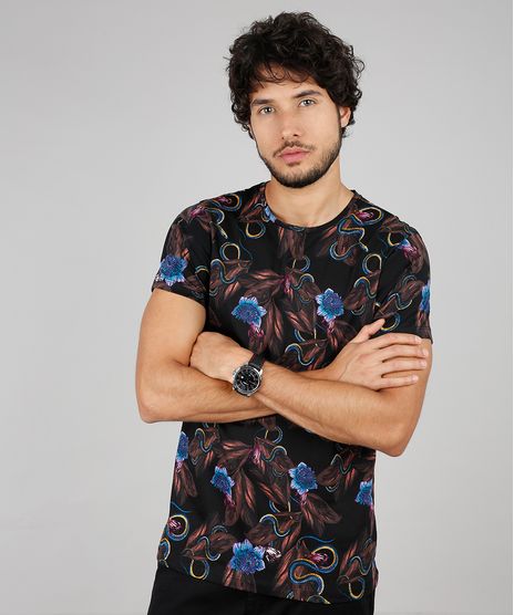 Camiseta-Masculina-Slim-Fit-Estampada-Floral-com-Cobra-Manga-Curta-Gola-Careca-Preto-9607367-Preto_1