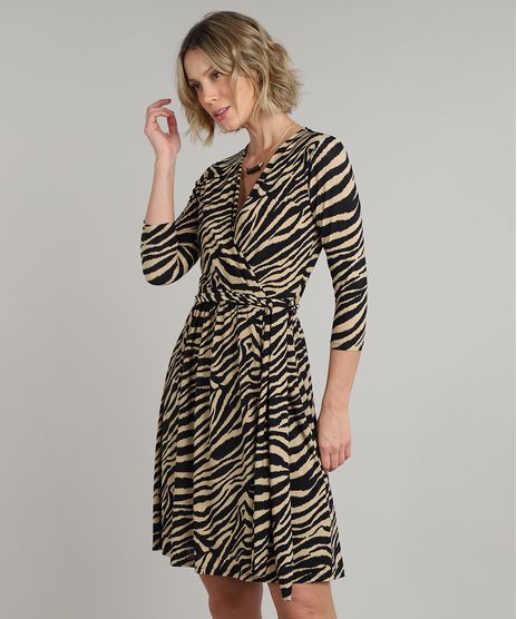 Vestido-Feminino-Midi-Estampado-Animal-Print-de-Zebra--Manga-7-8-Bege-9610586-Bege_1