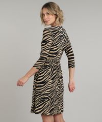 Vestido-Feminino-Midi-Estampado-Animal-Print-de-Zebra--Manga-7-8-Bege-9610586-Bege_2