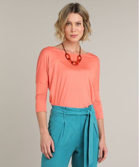 Blusa-Feminina-Ampla-Basica-Manga-7-8-Decote-Redondo-Coral-9509004-Coral_1