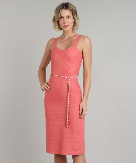 Vestido-Feminino-de-Linho-Midi-Alca-Media-com-Cinto-Coral-9541691-Coral_1